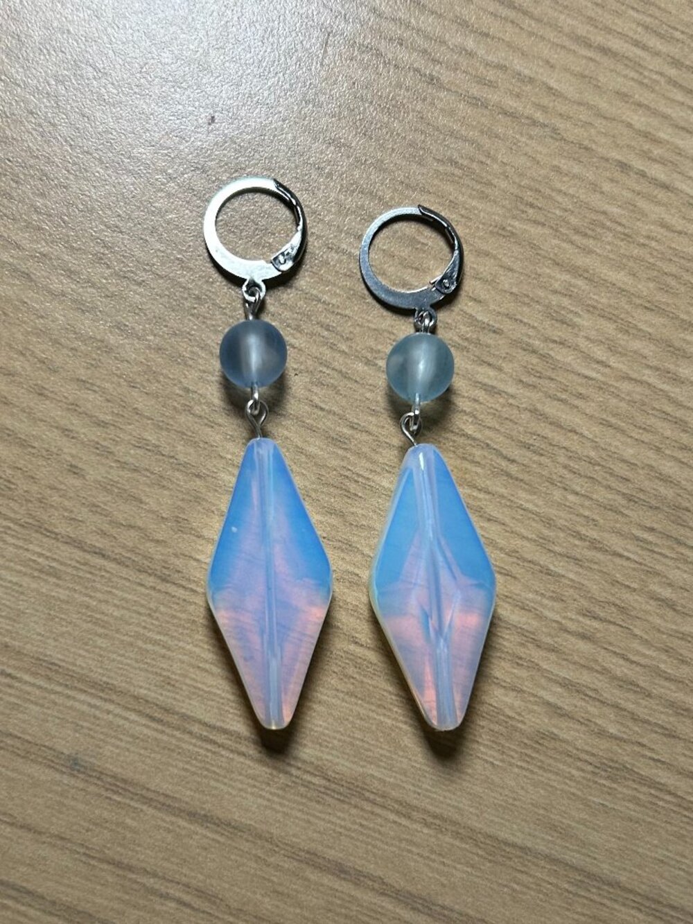 Handmade Opalite Glass Diamond & Frosted Blue Leverback Earrings